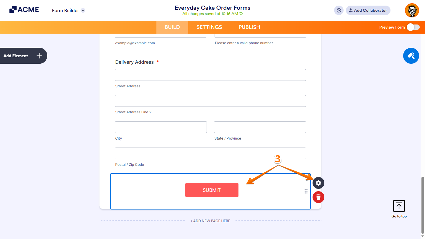 Gear icon of the Submit button in Form Builder