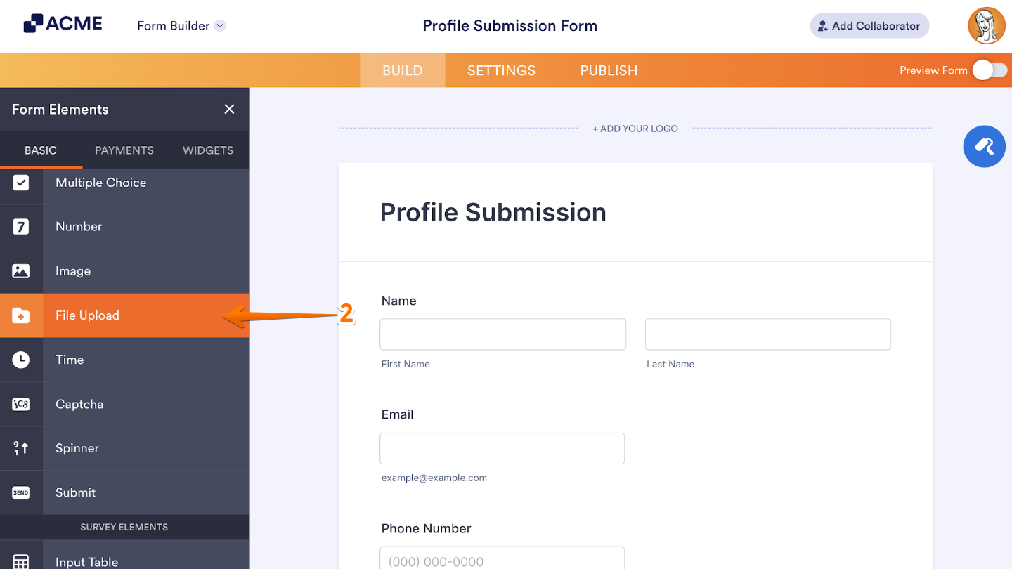 Dragging and dropping the File Upload field from the Form Elements panel into a form layout