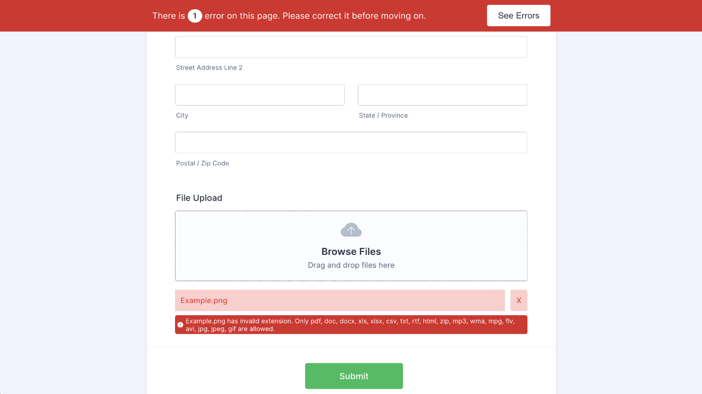 Error message displayed in form when a user uploads a file type that isn’t on the allowed list
