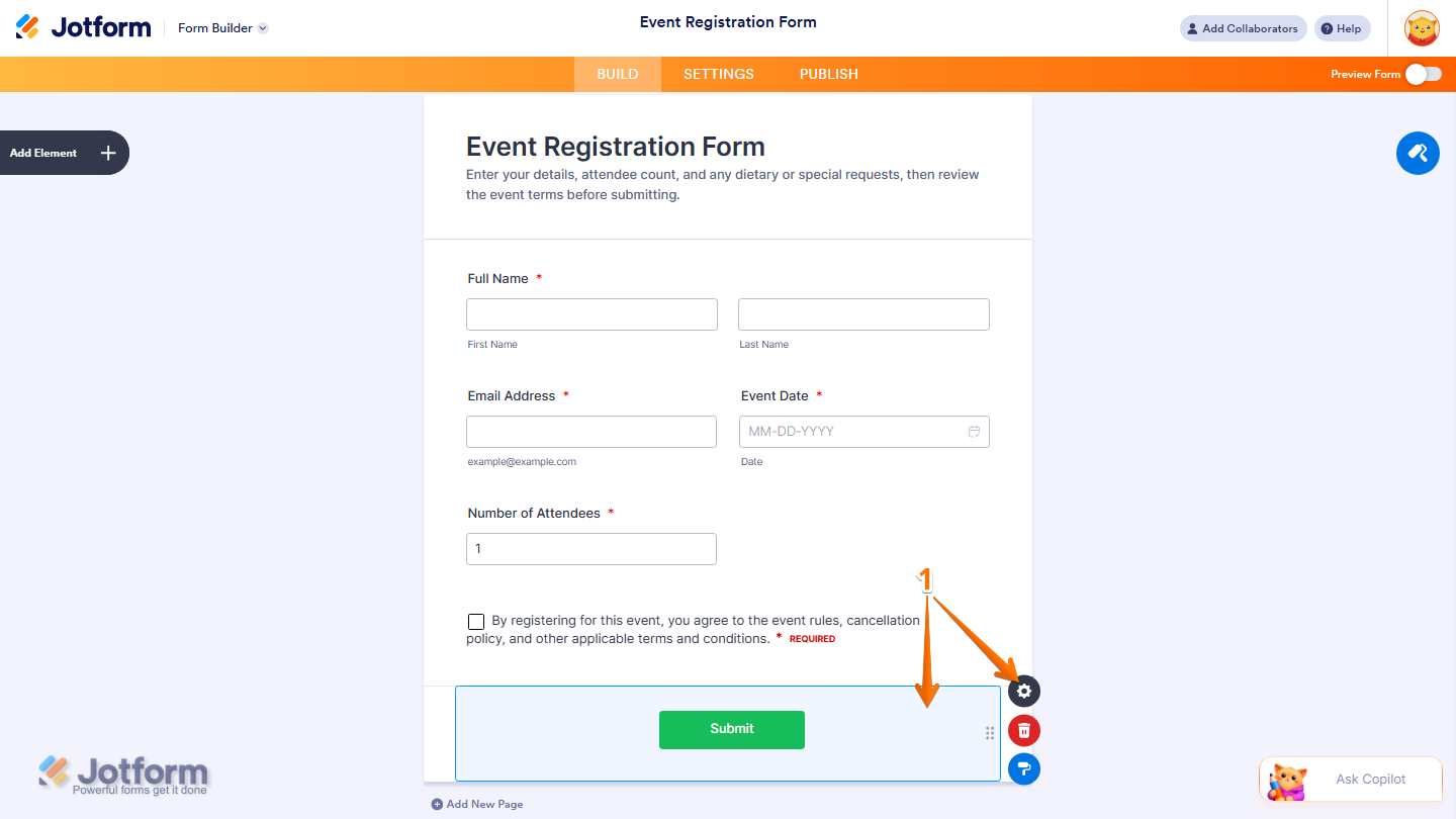 Jotform Form Builder with the Submit element selected and its Gear icon highlighted for opening the element’s settings