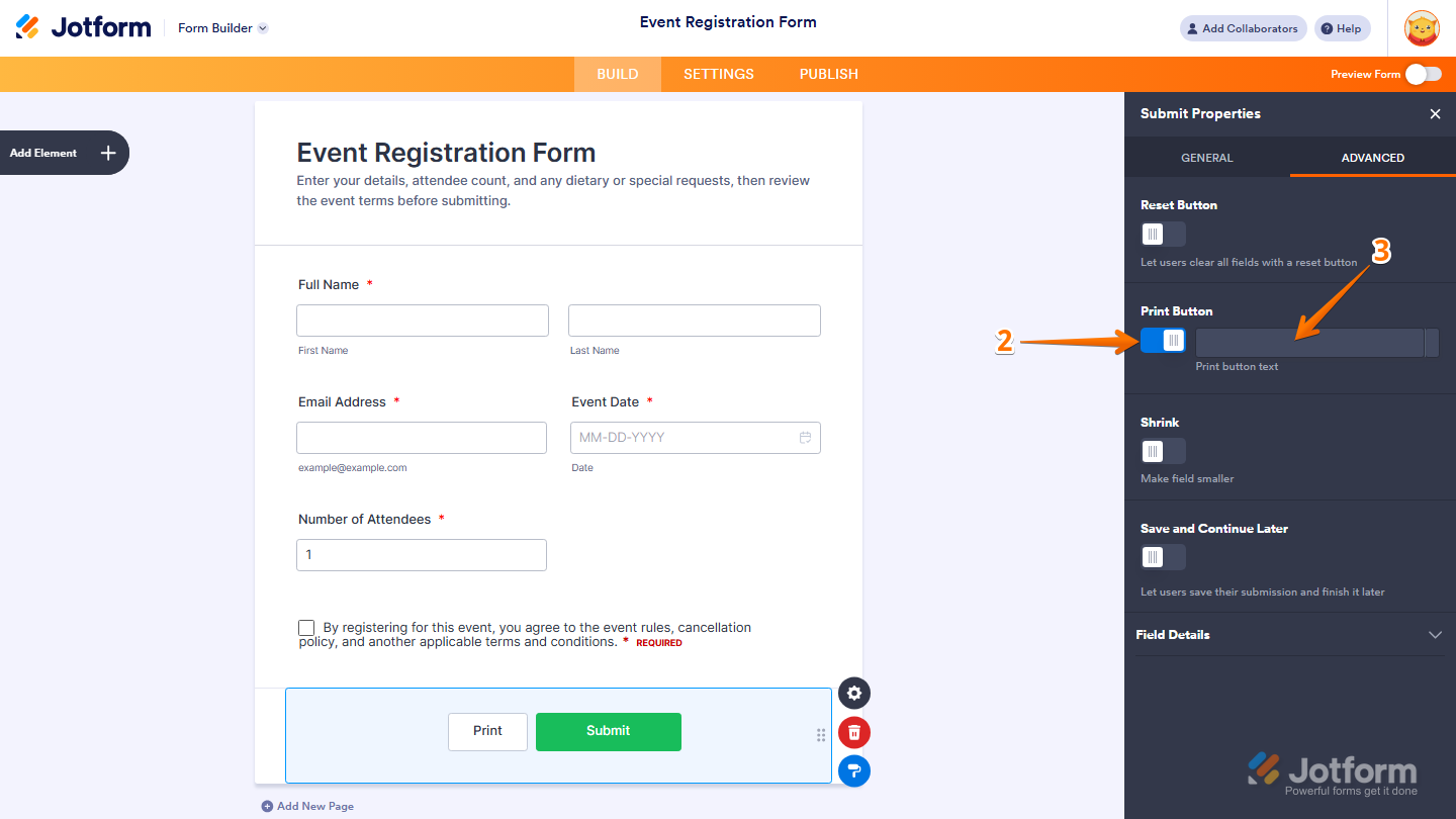Jotform Submit Properties menu under the Advanced tab with the Print Button option enabled and a Print Button Text field for customizing the button label