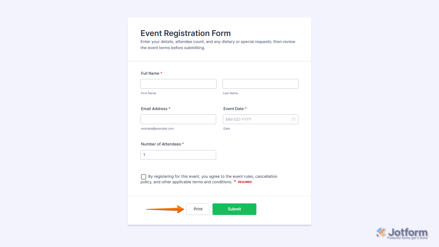 Jotform Submit Properties menu under the Advanced tab with the Print Button option enabled and a Print Button Text field for customizing the button label
