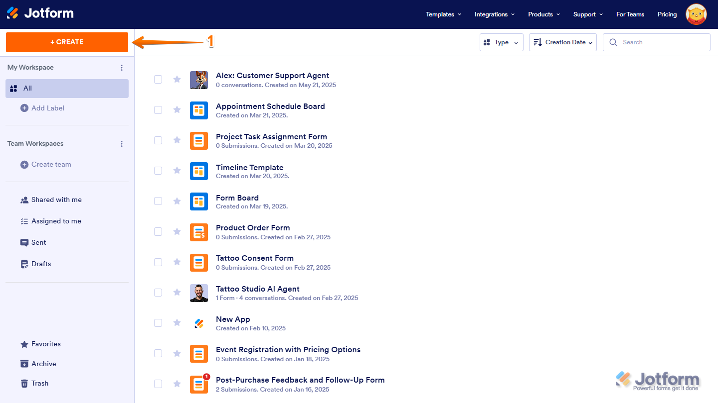 Jotform My Workspace page with the 'Create' button in the top-left corner, allowing users to start a new form