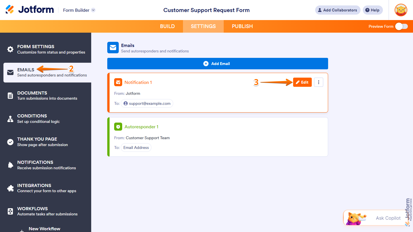 Notification Email Edit button in the Emails section of the Settings tab in Jotform Form Builder