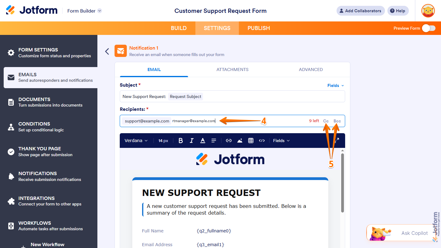 Recipients field under the Email tab of the Notification Email section in the Settings tab in Jotform Form Builder