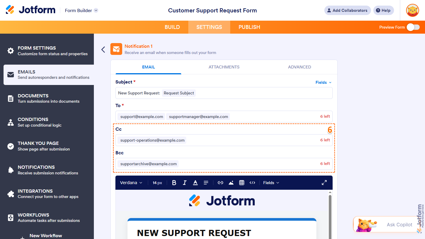 CC and BCC Fields under the Email tab of the Notification Email section in the Settings tab in Jotform Form Builder