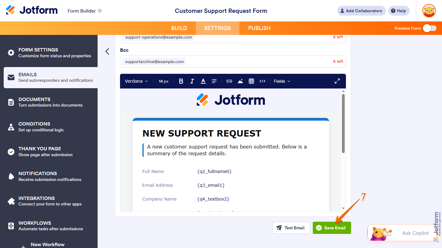 Save button of the Notification Email section in the Settings tab in Jotform Form Builder