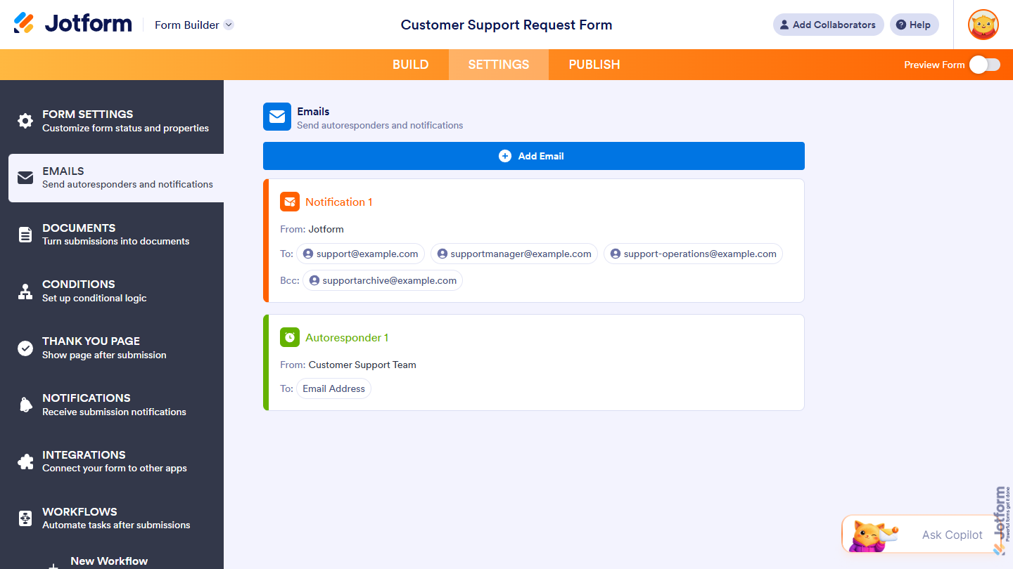 Saved Notification Email with multiple recipients in the Emails section under the Settings tab in Jotform Form Builder