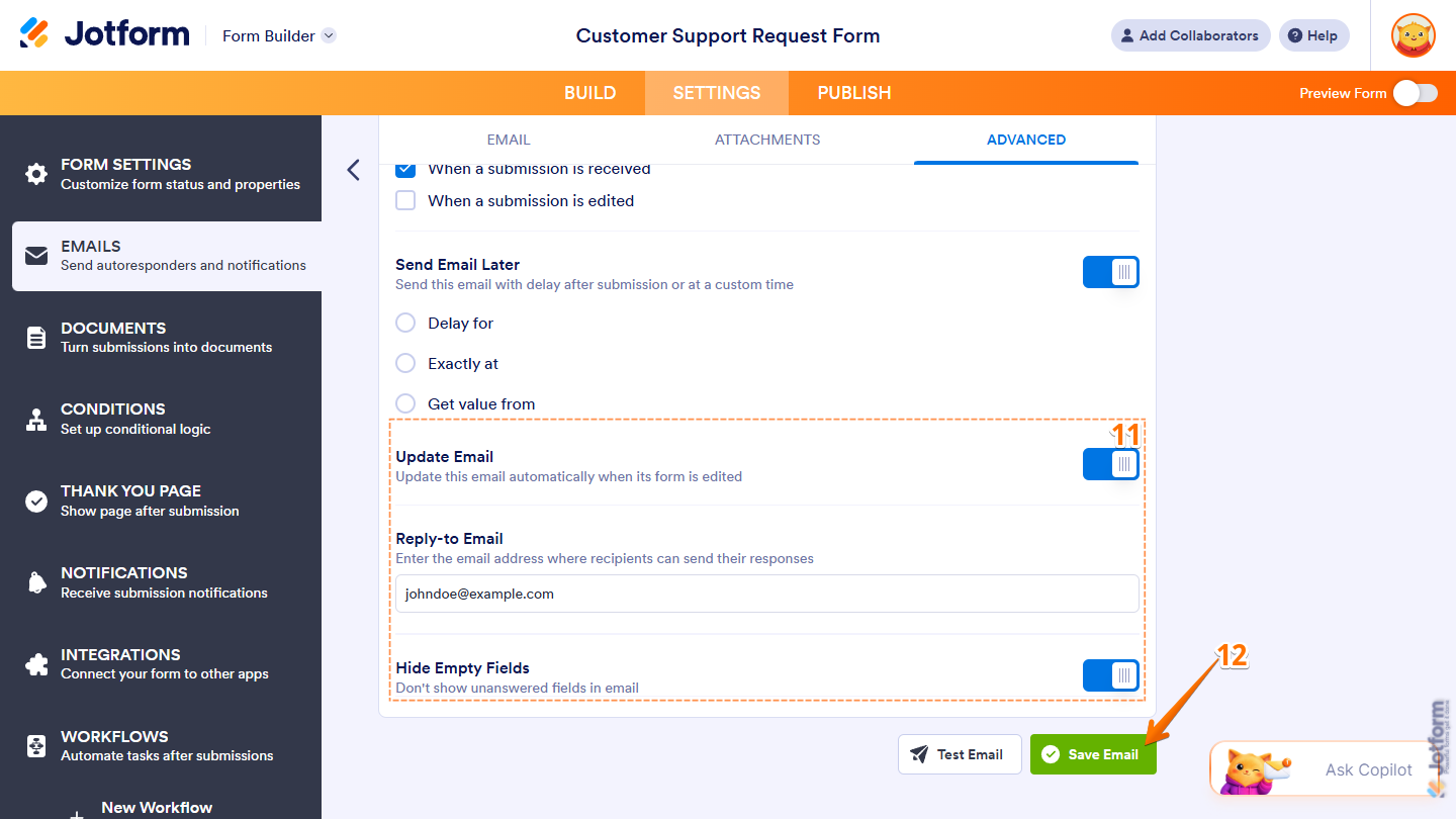 Save Email button of the Email Autoresponder in Jotform Form Builder