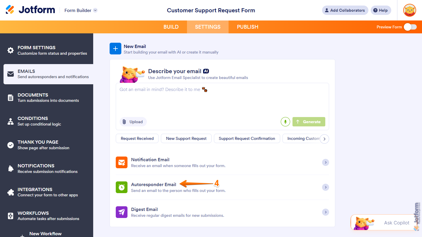 Autoresponder Email option in the Emails section of the Settings tab in Jotform Form Builder