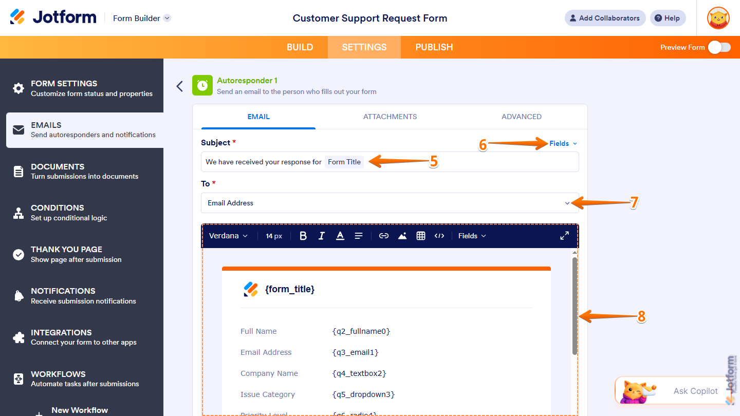 Subject, To, and Email Content settings in the Email tab of the Email Autoresponder in Jotform Form Builder