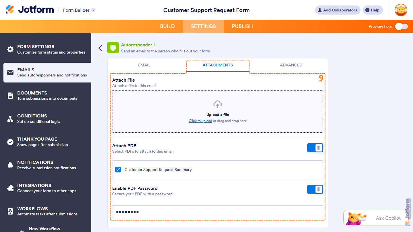 Different settings in the Attachments tab of the Email Autoresponder in Jotform Form Builder