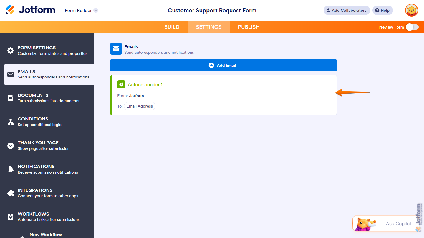 New Autoresponder Email created in Jotform Form Builder