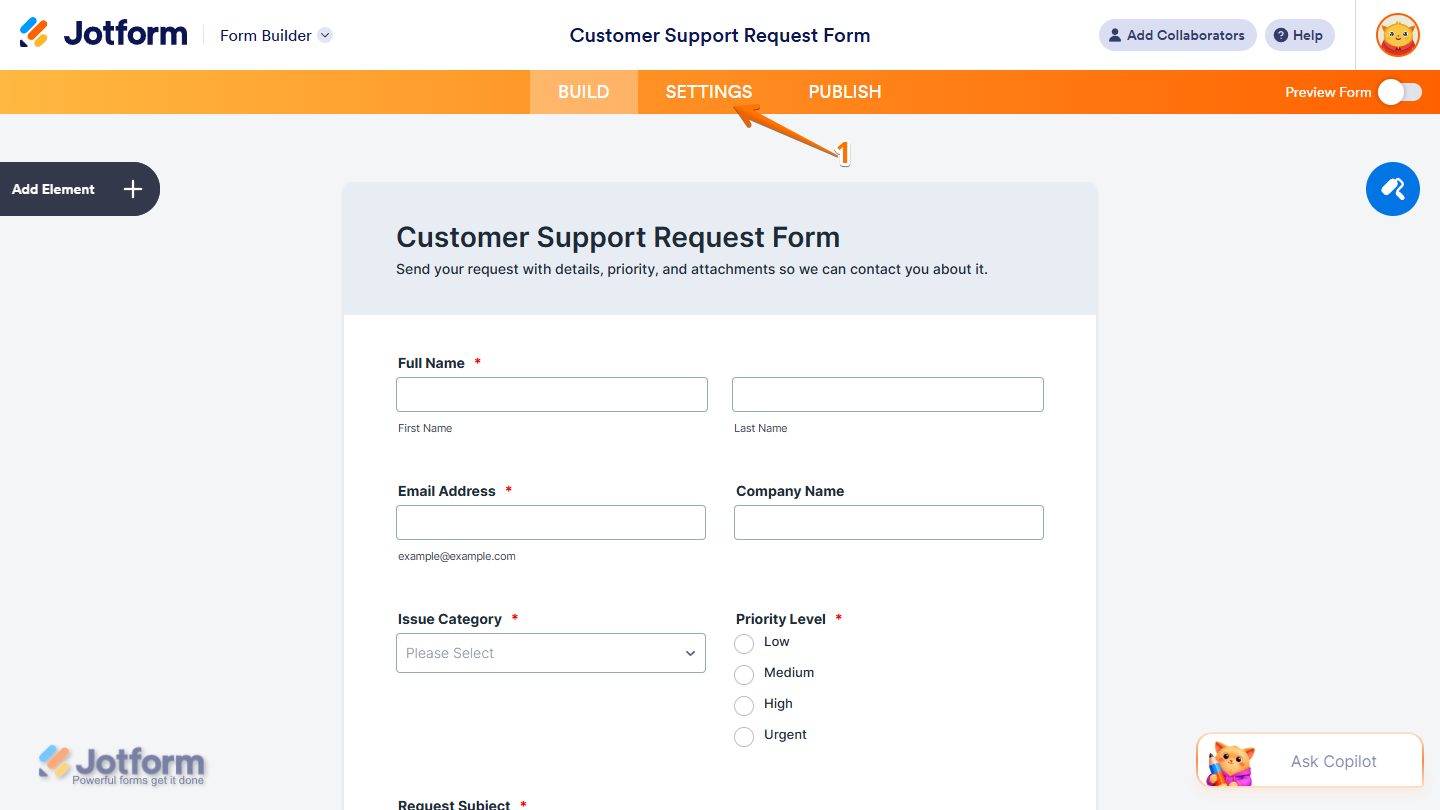 Settings tab in the Jotform Form Builder