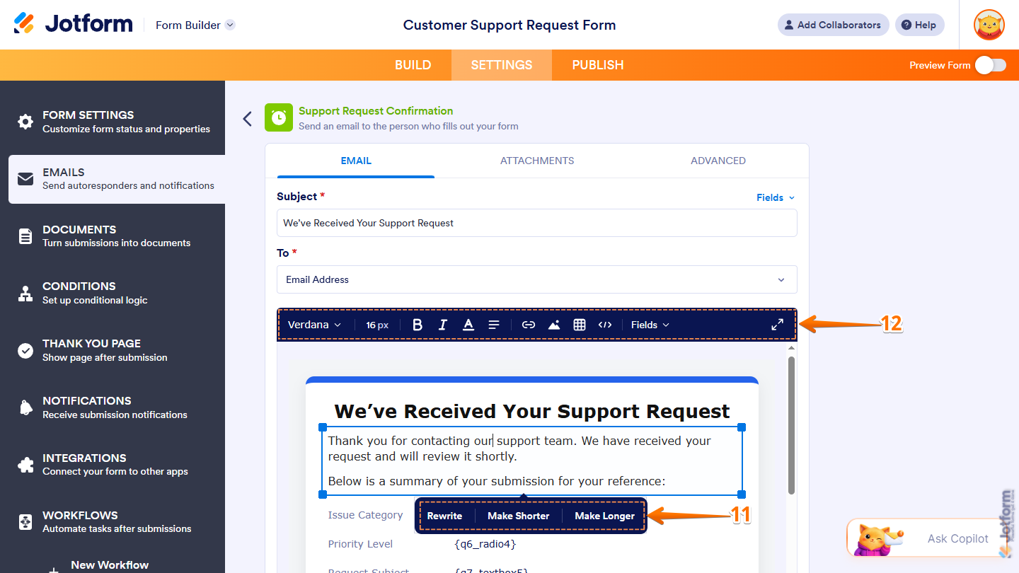 AI Generated content in the Email tab of the Email Autoresponder in Jotform Form Builder