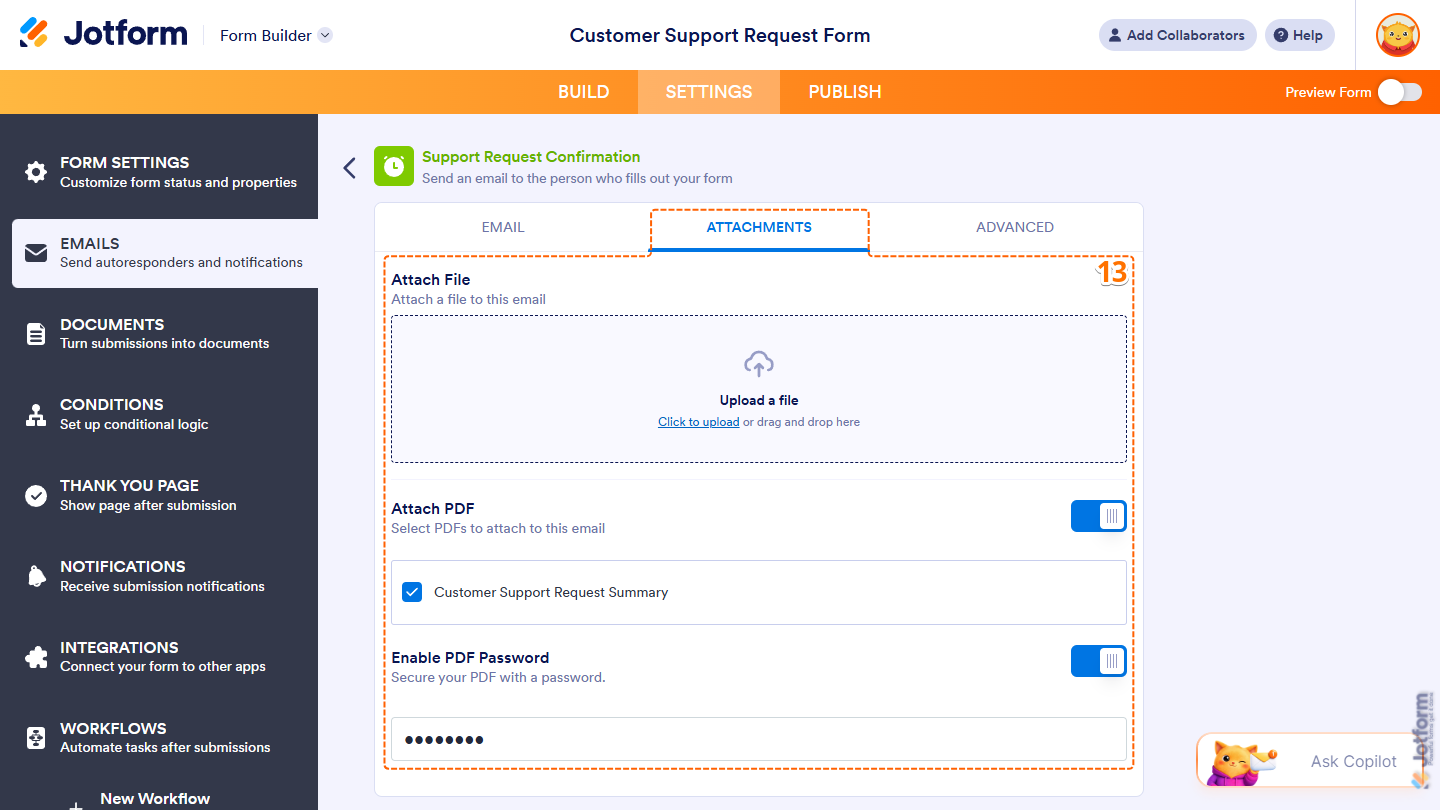 Different settings in the Attachments tab of the Email Autoresponder in Jotform Form Builder