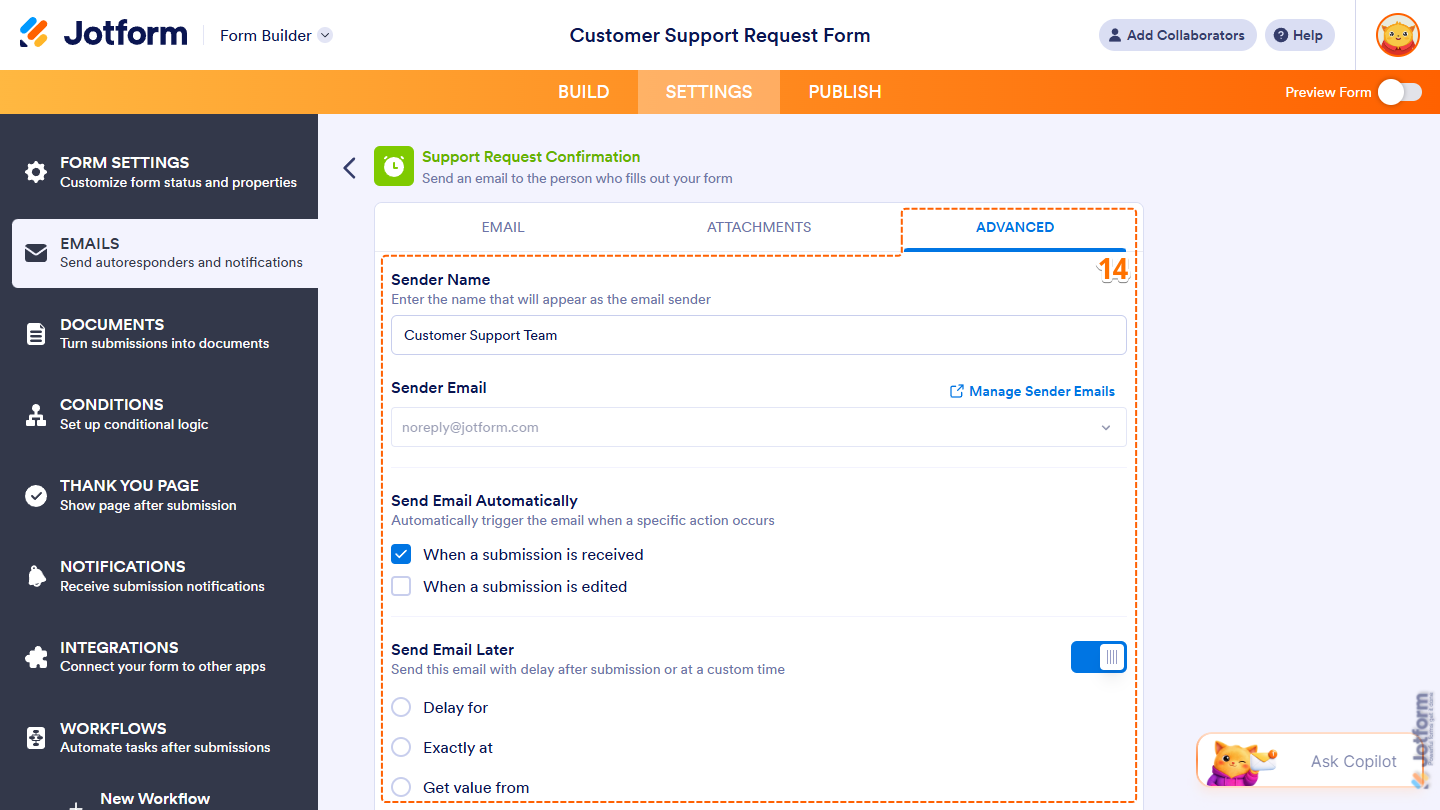 Different settings in the Advanced tab of the Email Autoresponder in Jotform Form Builder