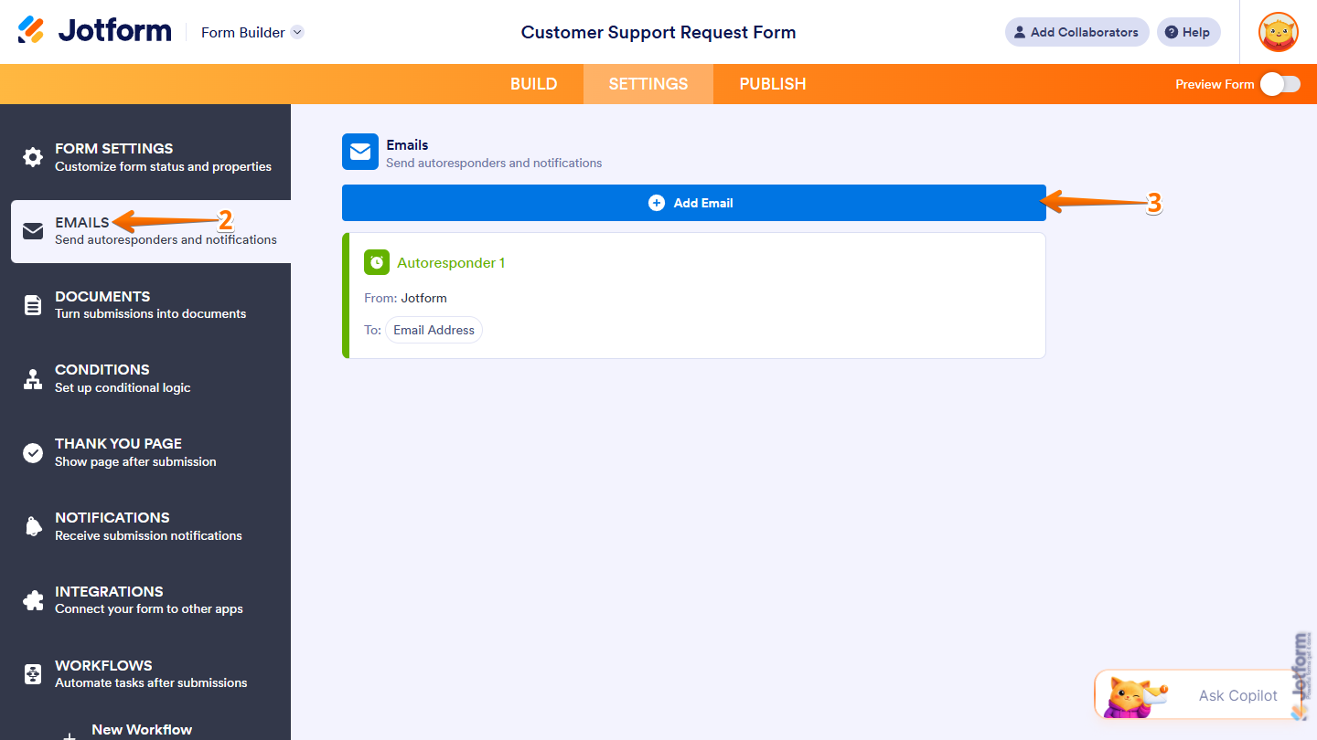 Add Email button in the Emails section of the Settings tab in Jotform Form Builder