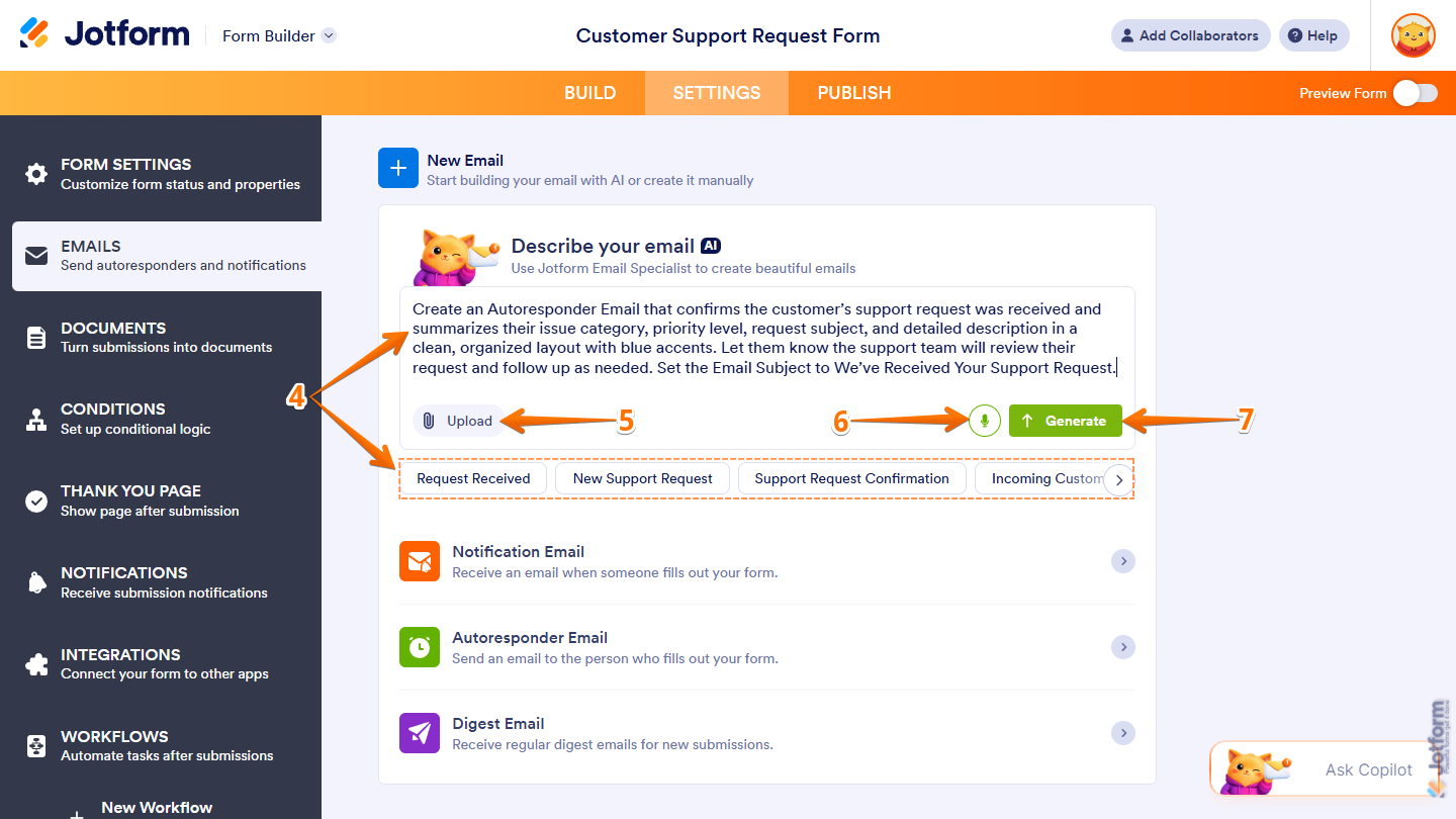 Describe Your Email Prompt box in the New Email section of the Settings tab in Jotform Form Builder