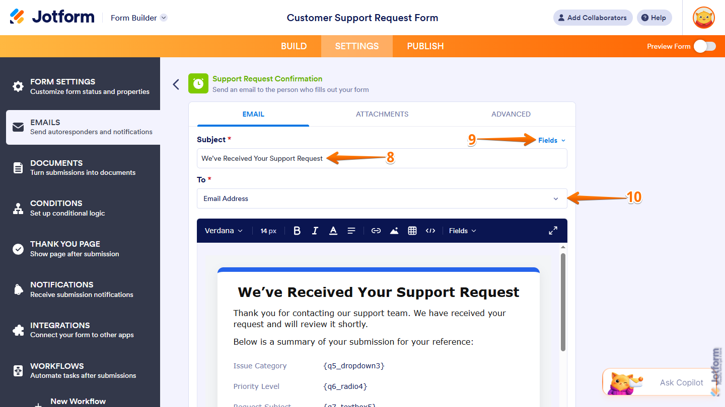 Subject and To settings in the Email tab of the Email Autoresponder in Jotform Form Builder