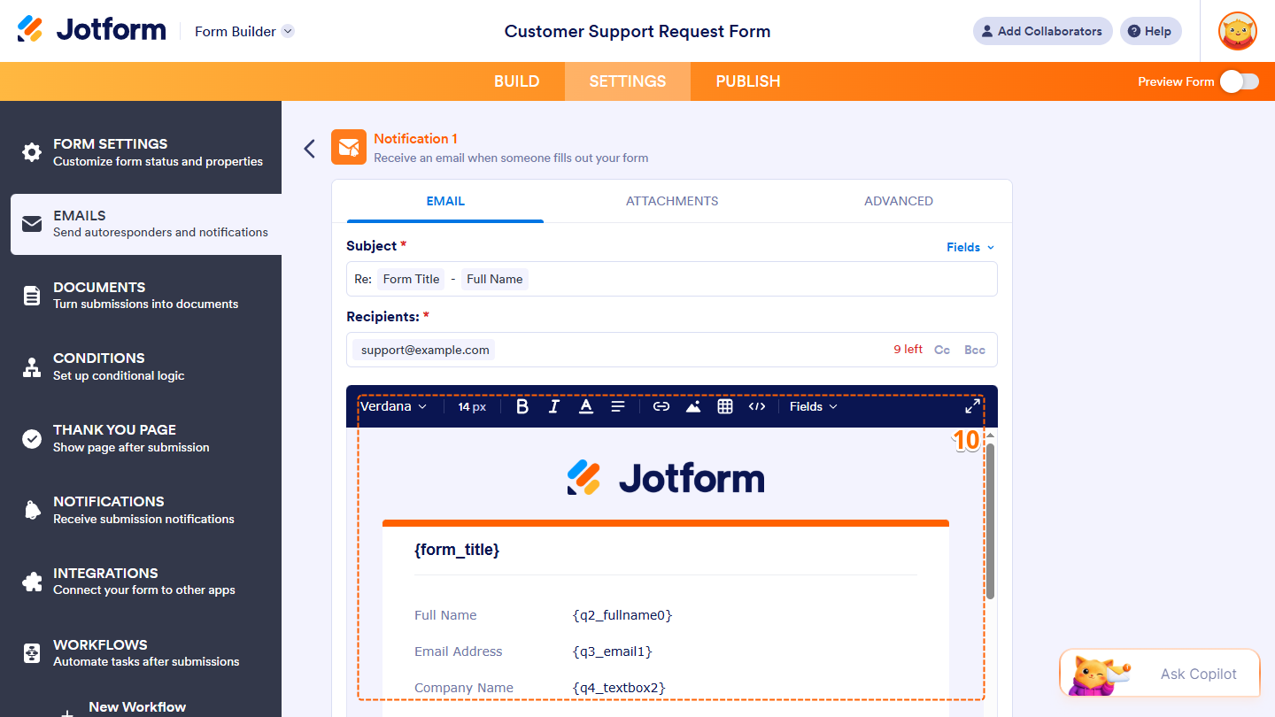 Editing toolbars of the Email Editor under the Email tab of a Notification Email in the Emails menu under the Settings in Jotform Form Builder
