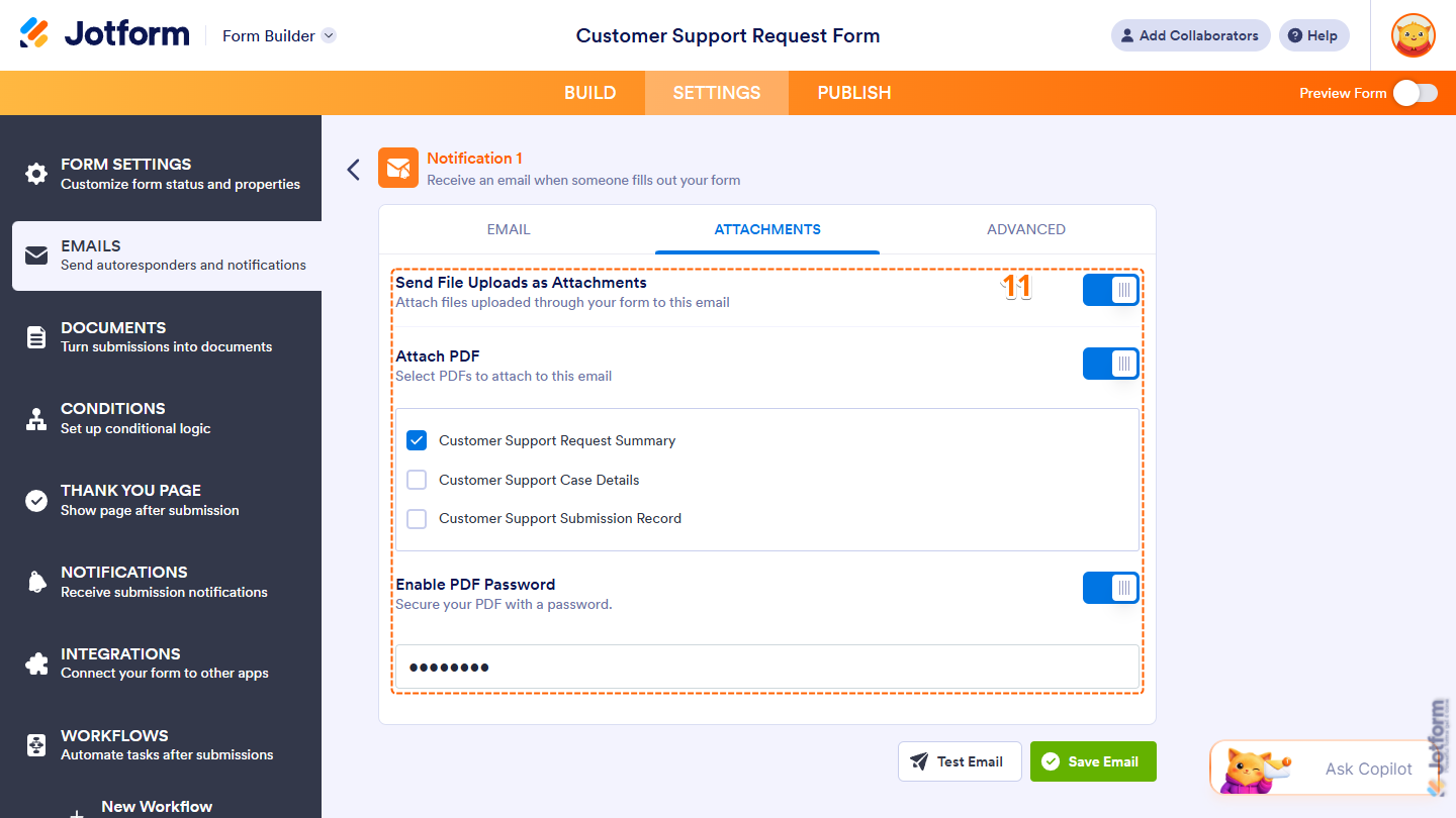 Different Settings under the Attachments tab of a Notification Email in the Emails menu under the Settings in Jotform Form Builder