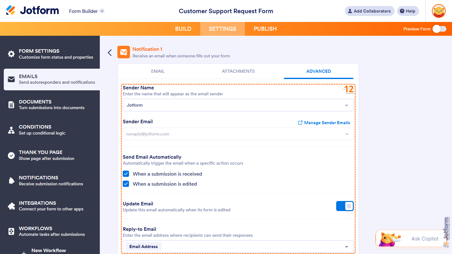 Different Settings under the Advanced tab of a Notification Email in the Emails menu under the Settings in Jotform Form Builder