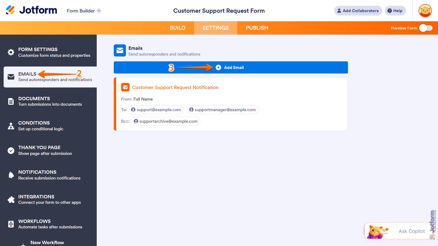 Add Email button in the Emails section under the Settings tab in Jotform Form Builder