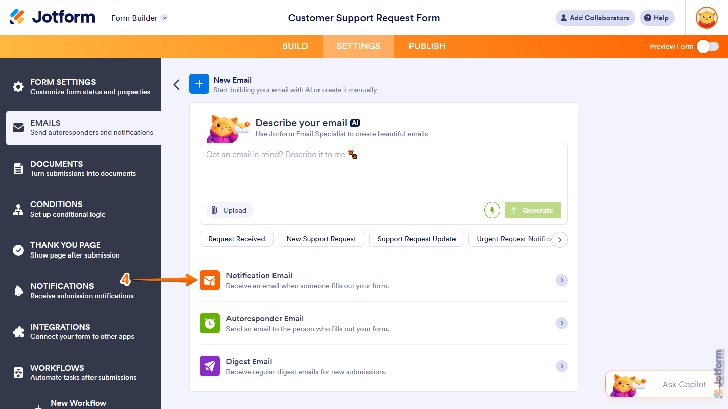 Notification Email in the New Email section of the Emails menu under the Settings tab in Jotform Form Builder