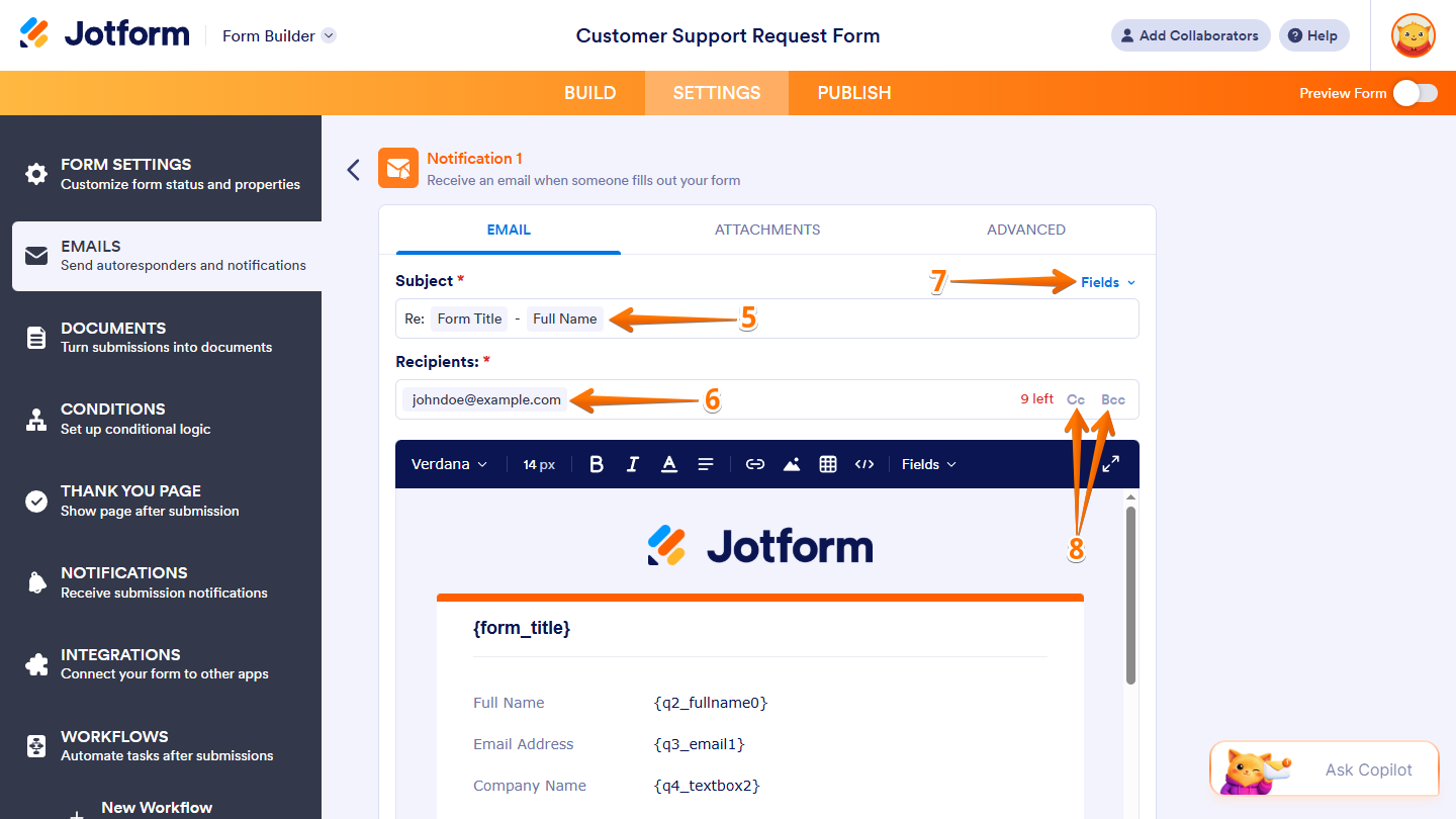 Subject and Recipients fields under the Email tab of a Notification Email in the Emails menu under the Settings in Jotform Form Builder