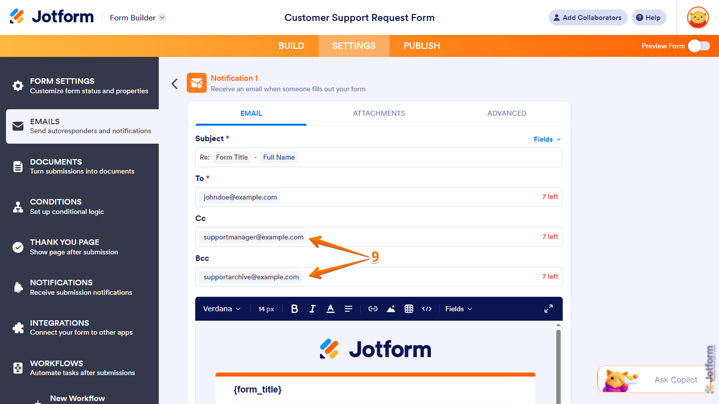 CC and BCC fields under the Email tab of a Notification Email in the Emails menu under the Settings in Jotform Form Builder