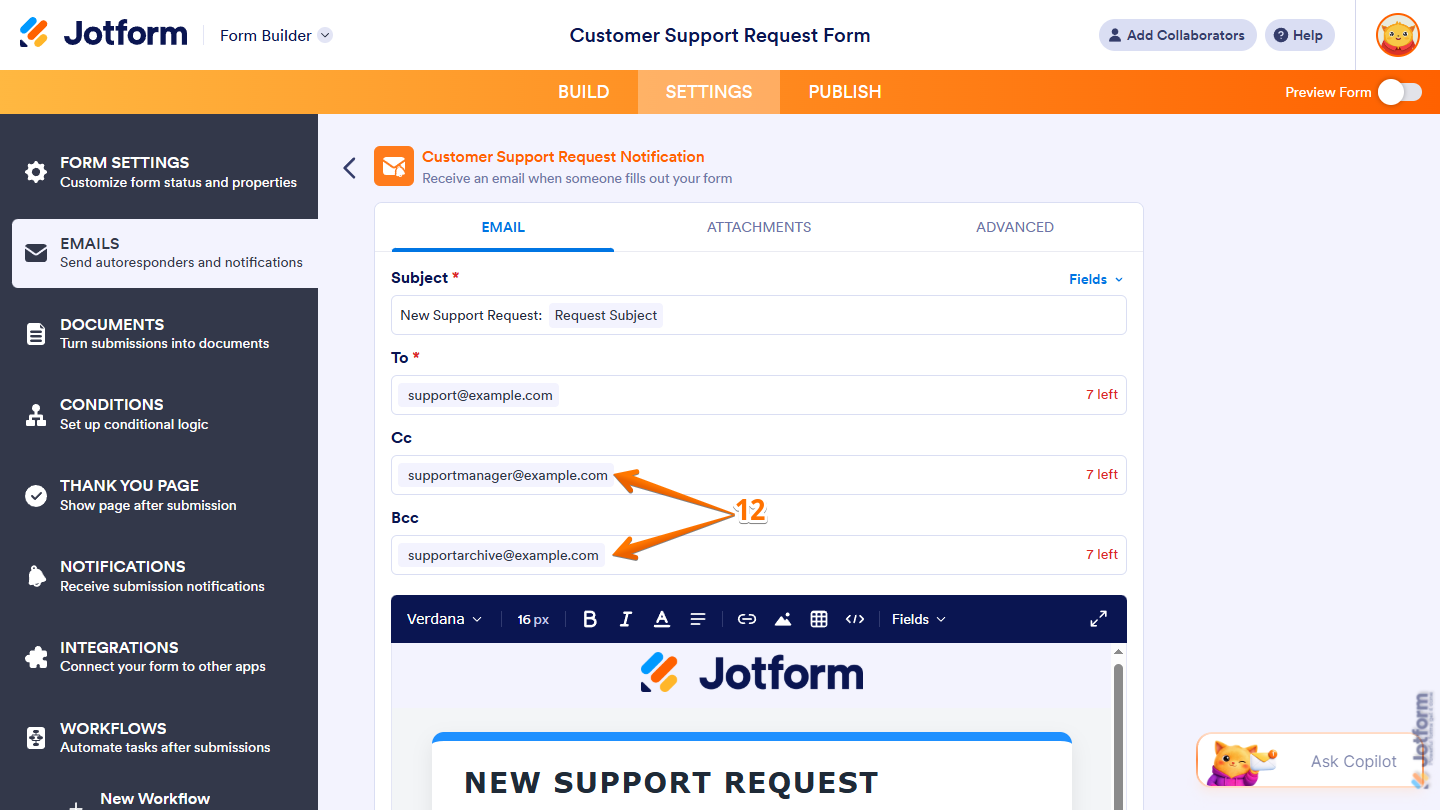 CC and BCC fields under the Email tab of an AI-generated Notification Email in the Emails menu under the Settings in Jotform Form Builder