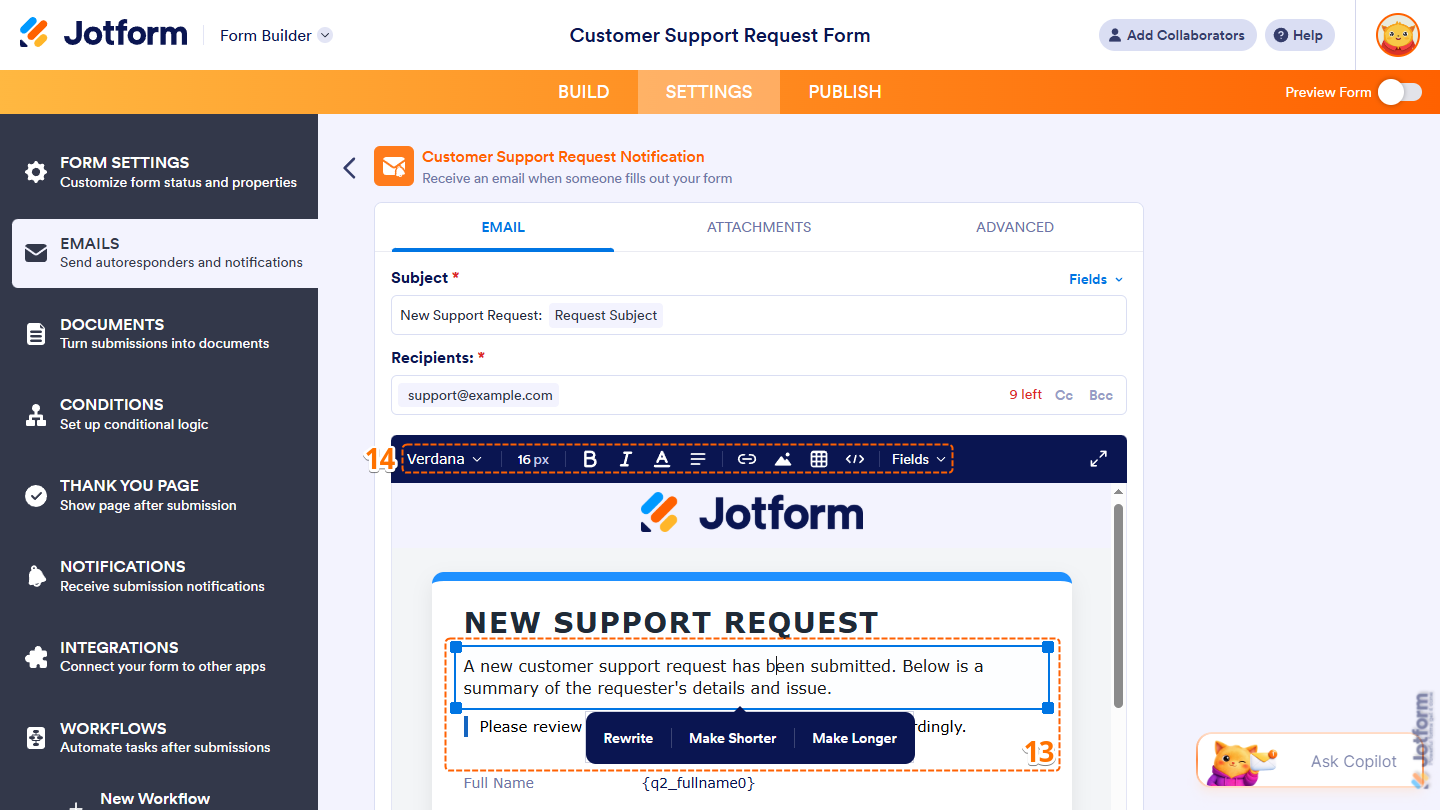 Editing toolbars and Generate Text options of the Email Editor under the Email tab of an AI-generated Notification Email in the Emails menu under the Settings in Jotform Form Builder