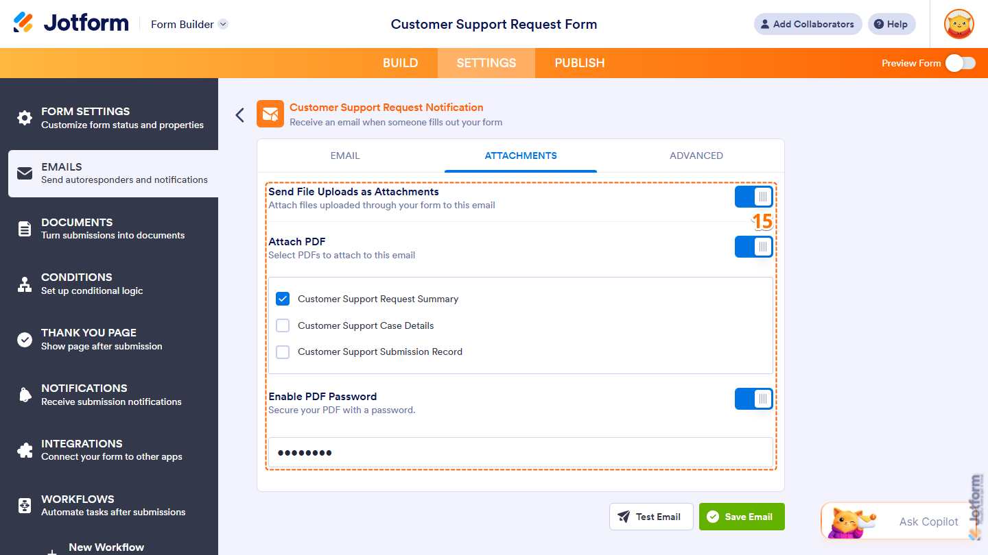 Different Settings under the Attachments tab of an AI-generated Notification Email in the Emails menu under the Settings in Jotform Form Builder