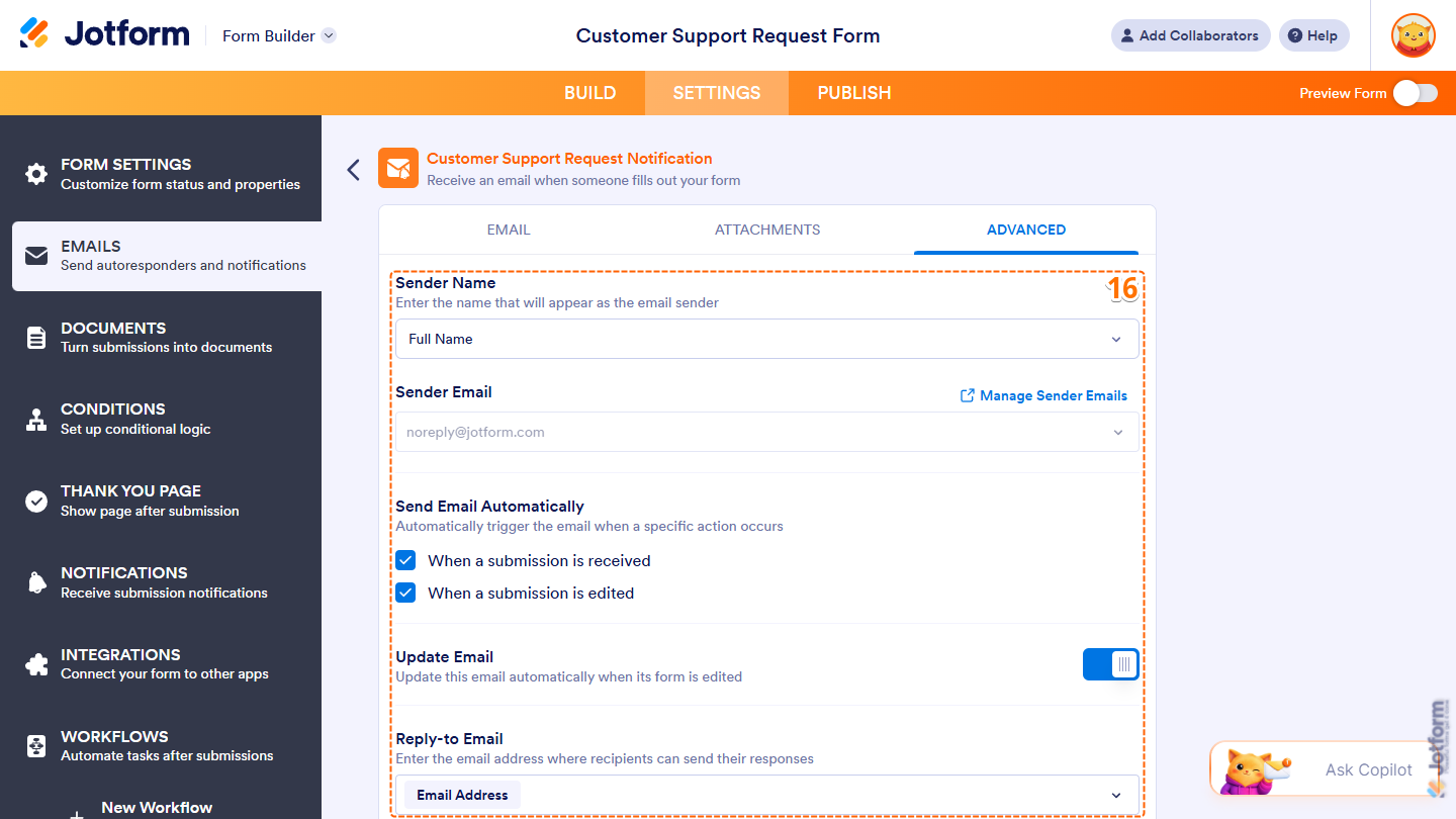 Different Settings under the Advanced tab of an AI-generated Notification Email in the Emails menu under the Settings in Jotform Form Builder