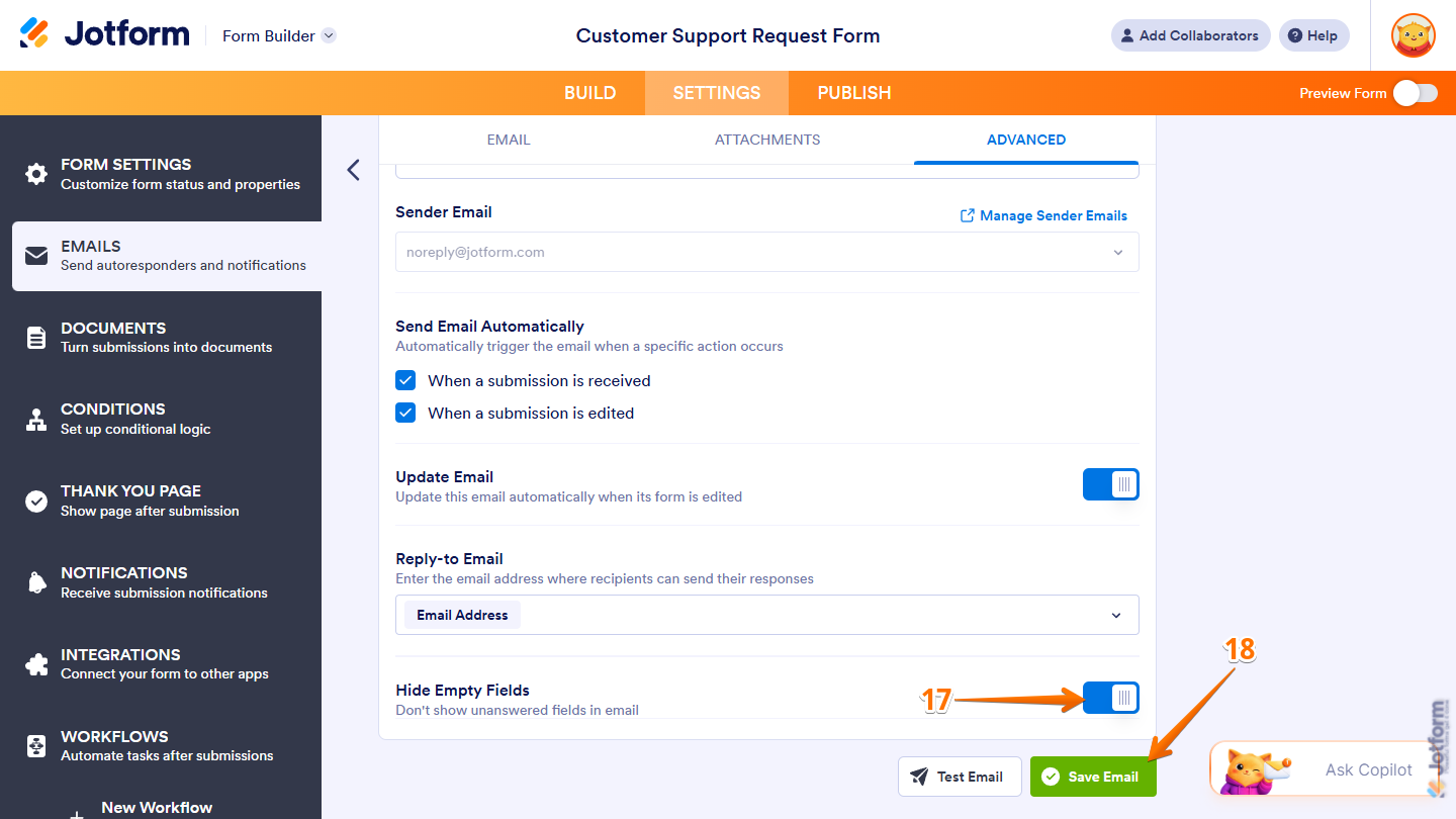 Hide Empty Fields setting and Save Email button under the Advanced tab of an AI-generated Notification Email in the Emails menu under the Settings in Jotform Form Builder