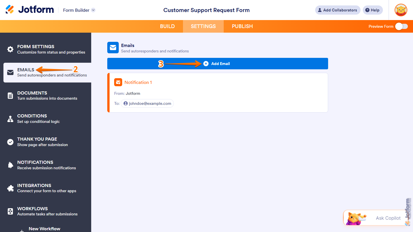Add Email button in the Emails section under the Settings tab in Jotform Form Builder
