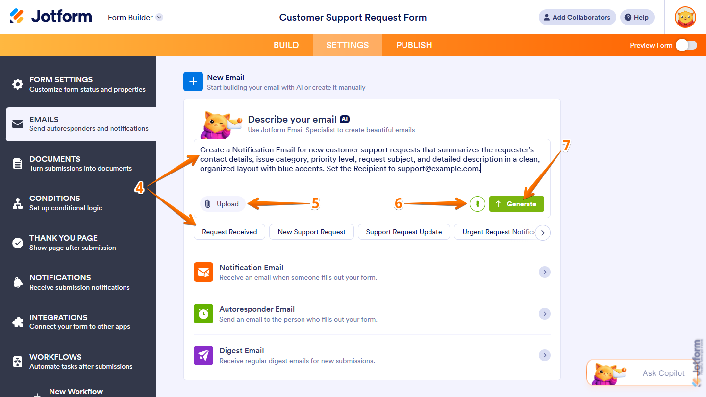Describe Your Email Prompt box, predefined options, voice prompt option, and generate button in the New Email section of the Emails menu under the Settings tab in Jotform Form Builder