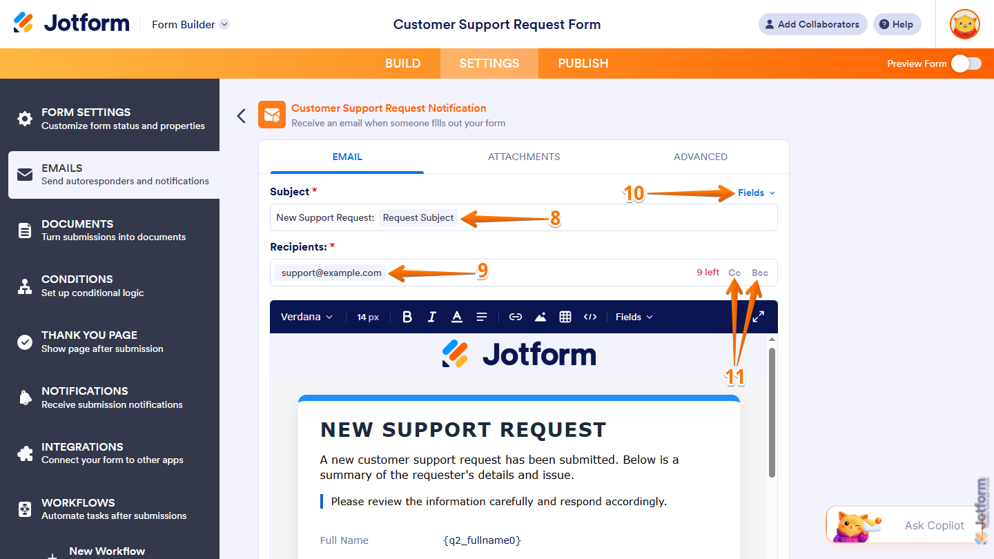 Subject and Recipients fields under the Email tab of an AI-generated Notification Email in the Emails menu under the Settings in Jotform Form Builder