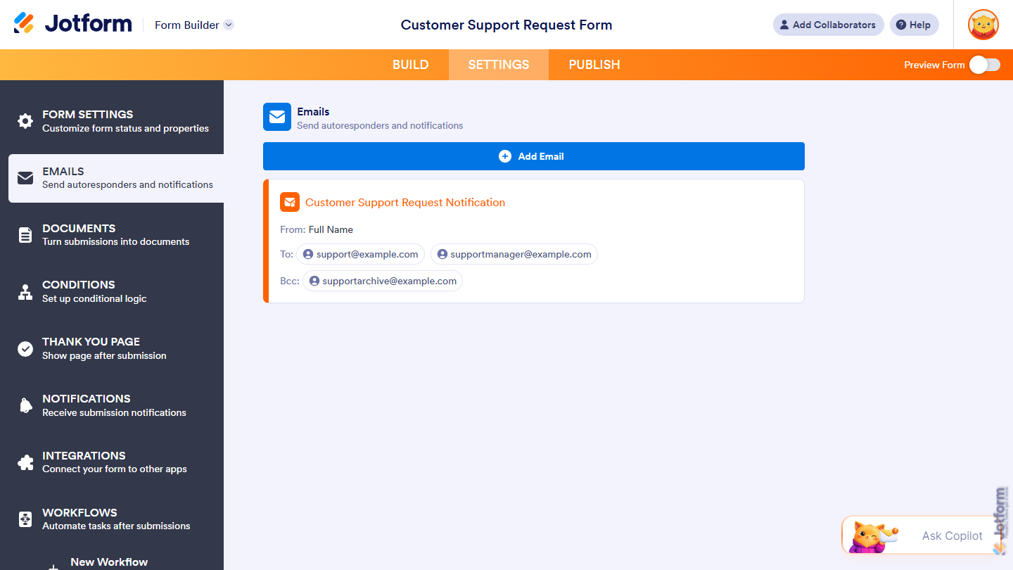 New AI-generated Notification Email in the Emails menu under the Settings in Jotform Form Builder