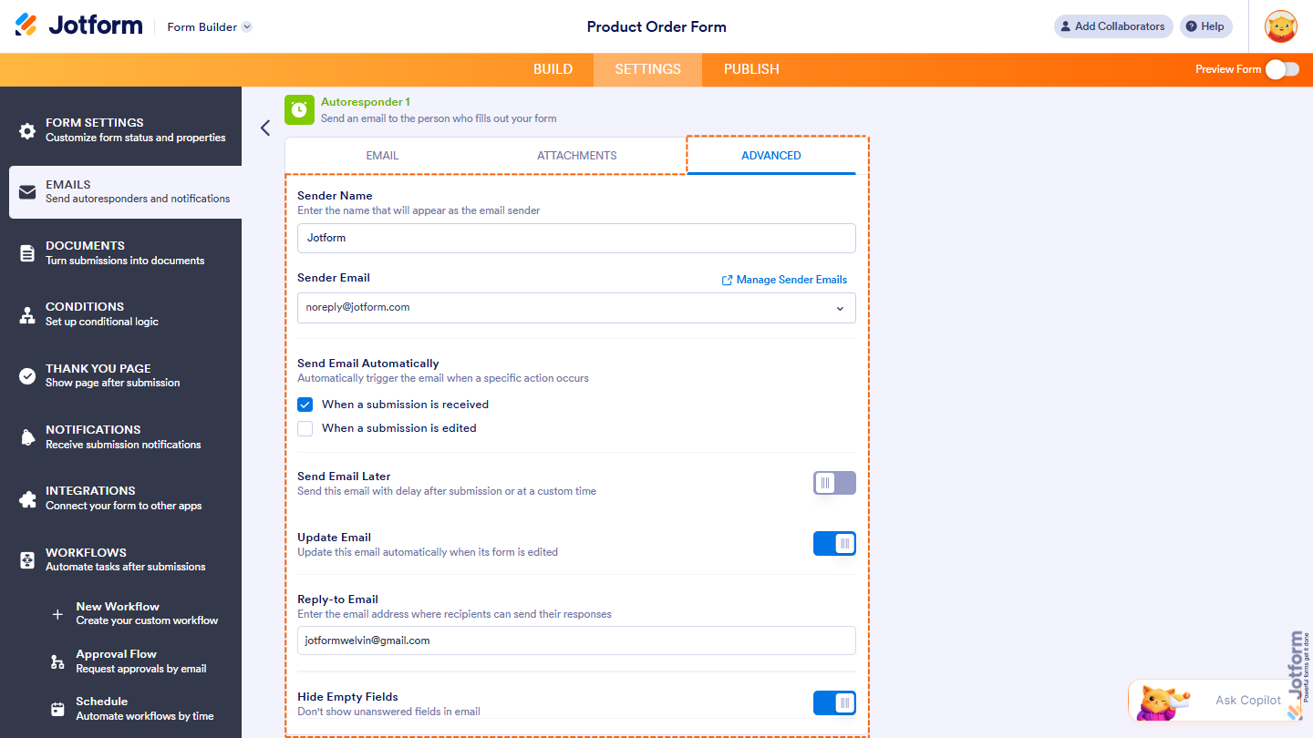 Advanced tab of the Form Autoresponder Email settings
