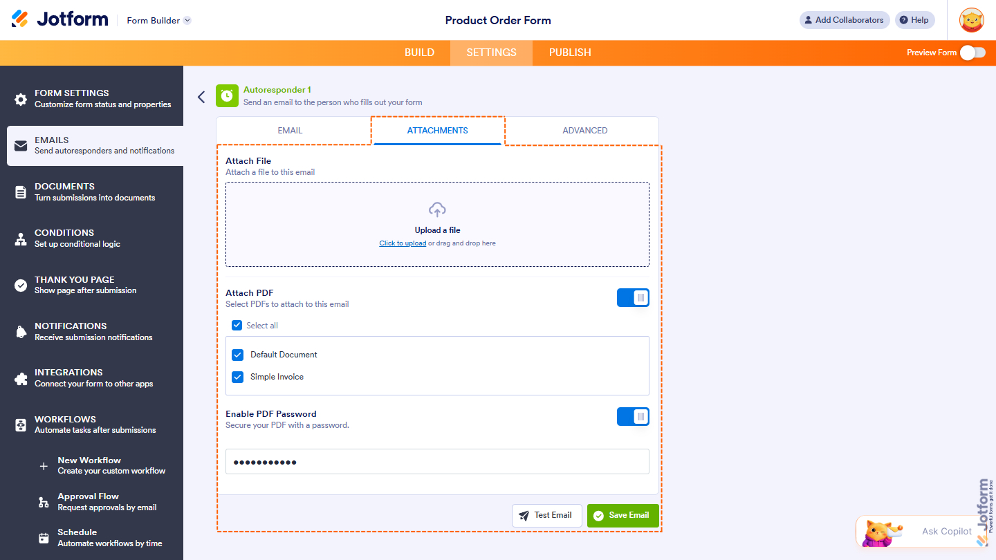 Attachments tab of the Form Autoresponder Email settings