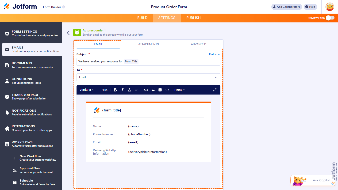 Email tab of the Form Autoresponder Email settings