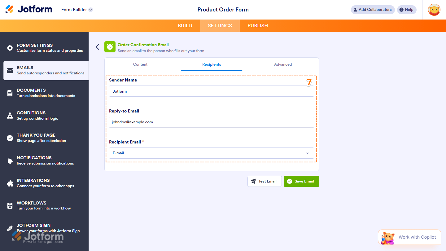 Email Copilot Recipients tab showing Sender Name Reply-to Email and Recipient Email fields in Jotform