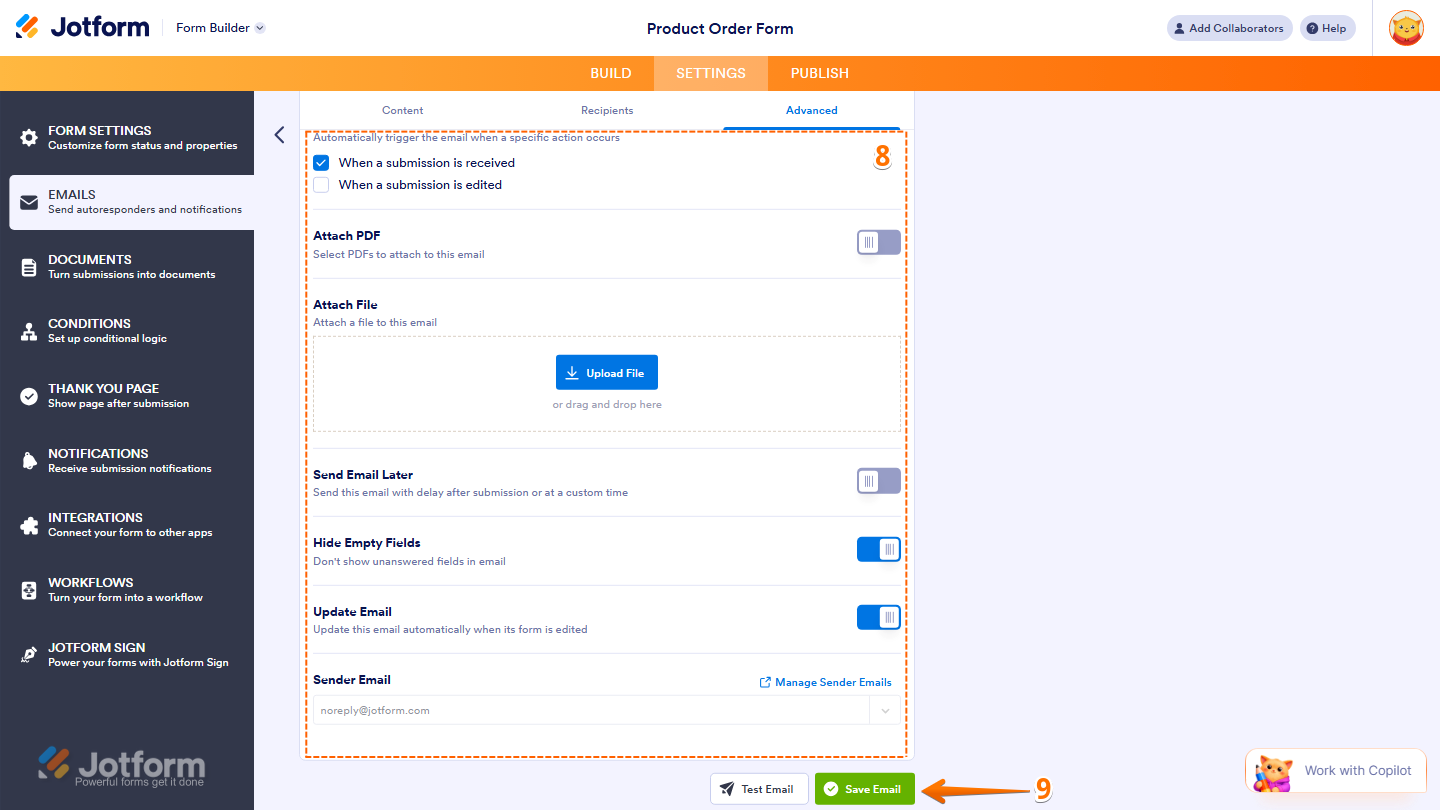 Email Copilot Advanced tab showing Send Email Automatically, Send File Uploads as Attachments, Attach PDF Hide Empty Fields, Update Email, Sender Email options and Save Email button in Jotform