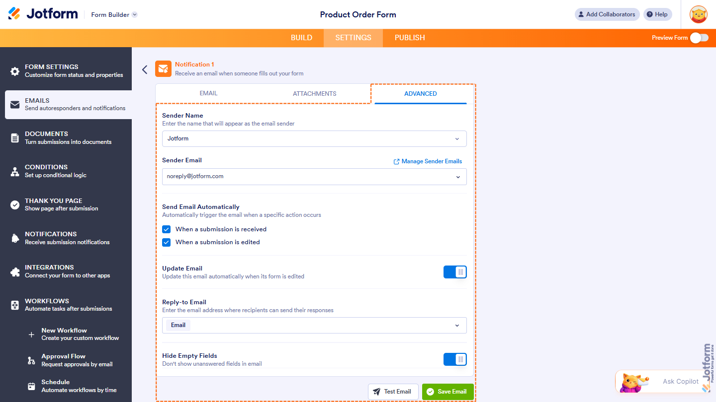Advanced tab of the Form Notification email settings