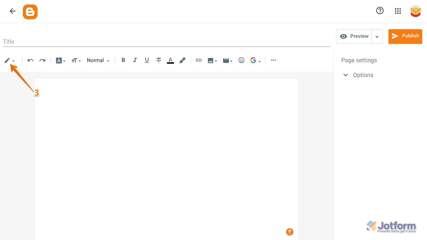Blogger page editor showing the Pencil icon on the top-left side used to switch editing modes