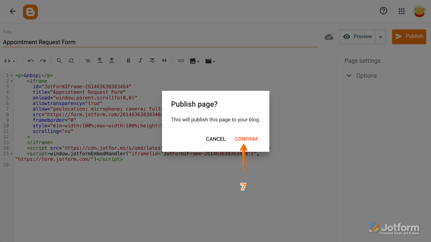 Blogger Publish Page confirmation window showing the Confirm button before publishing the page