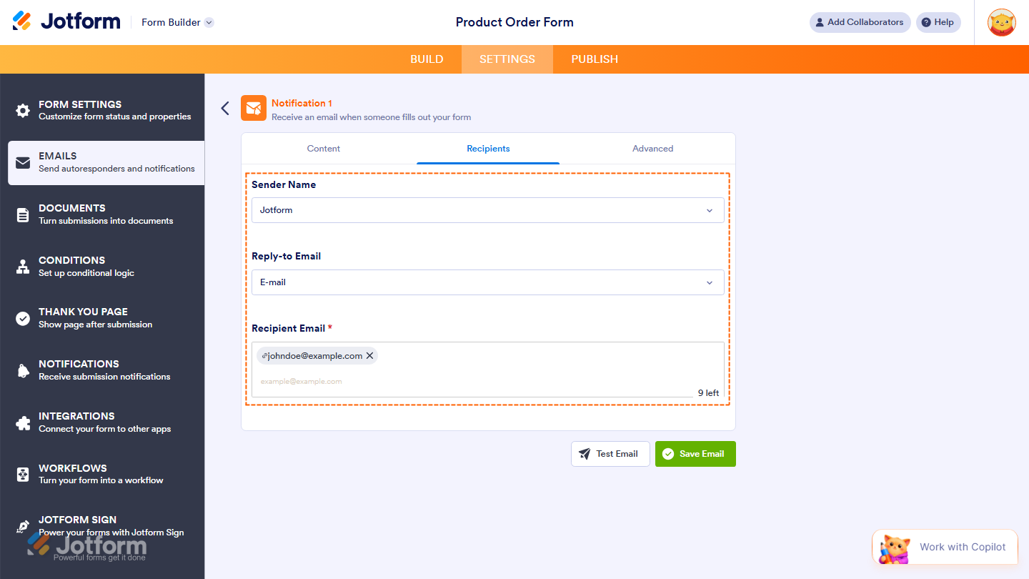 Notification Emails Recipients Tab in Jotform