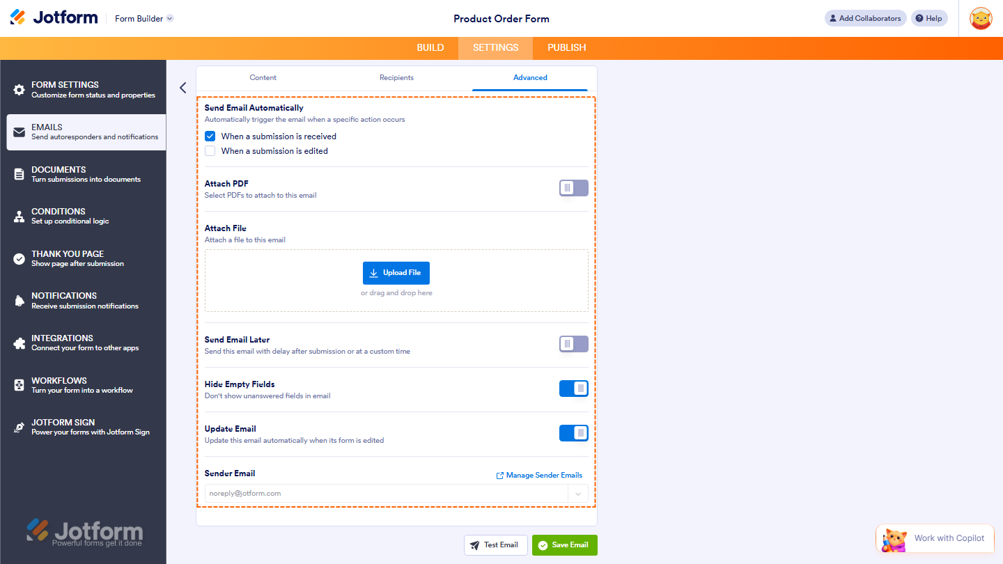 Autoresponder Emails Advanced Tab in Jotform